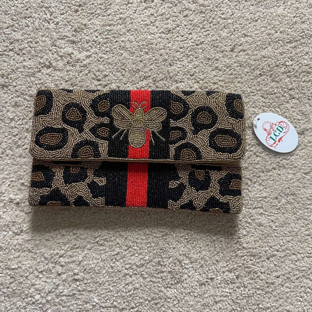 Beaded Leopard Stripe Clutch with Red & Black Accent